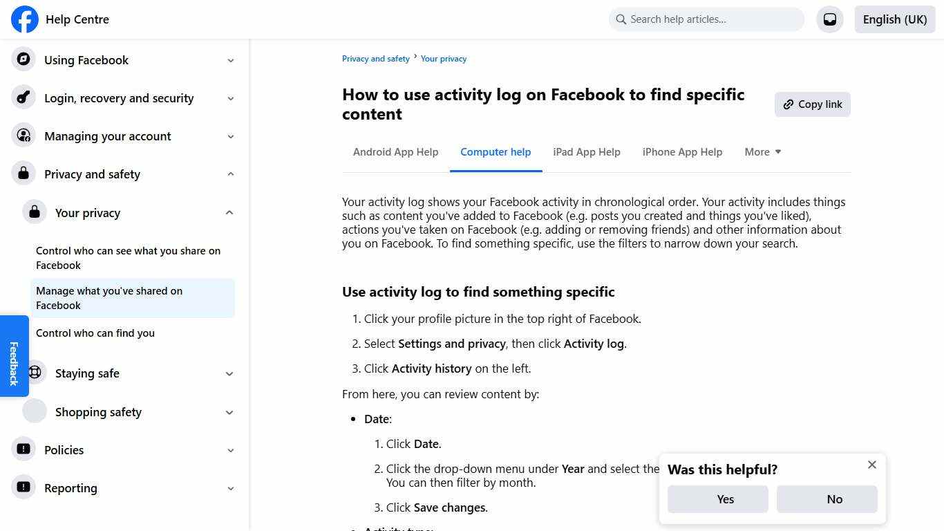 How to use activity log on Facebook to find specific content | Facebook Help Centre